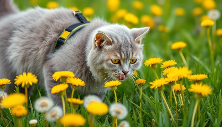 Gray cat in dandelion field, natural flea treatment setting.