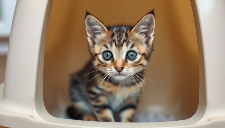 Adorable tabby kitten sitting inside a litter box, exploring behavior.