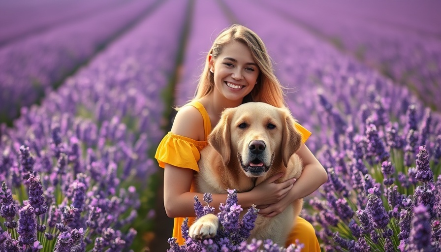 Woman hugging golden retriever in lavender field, dog hospice care setting.
