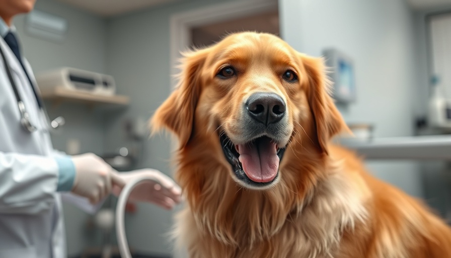 Golden retriever being examined by vet professionals in clinic.