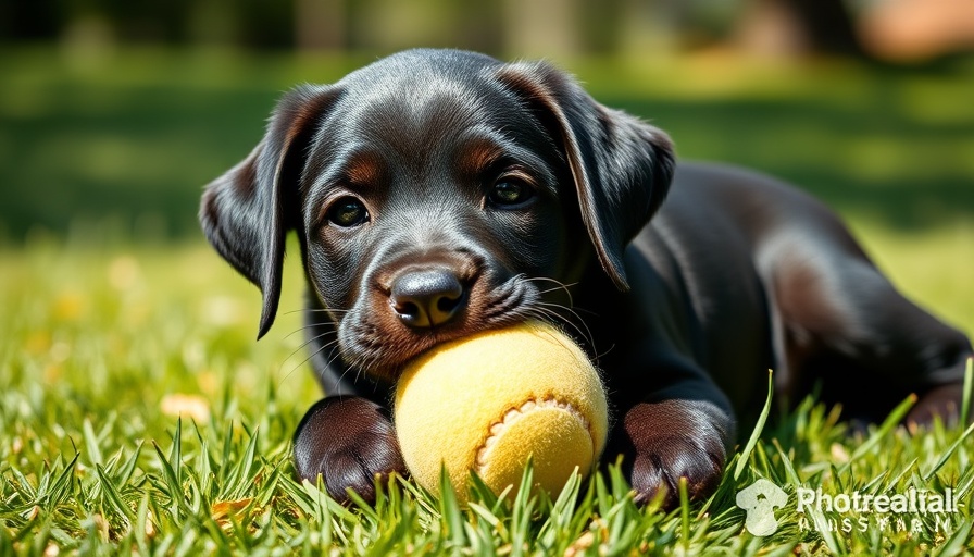 Black Labrador puppy playing with a tennis ball on grass, sunny day.