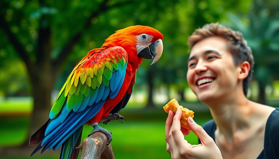 Macaw Birds Care Tips: Macaw receiving a treat in a park.