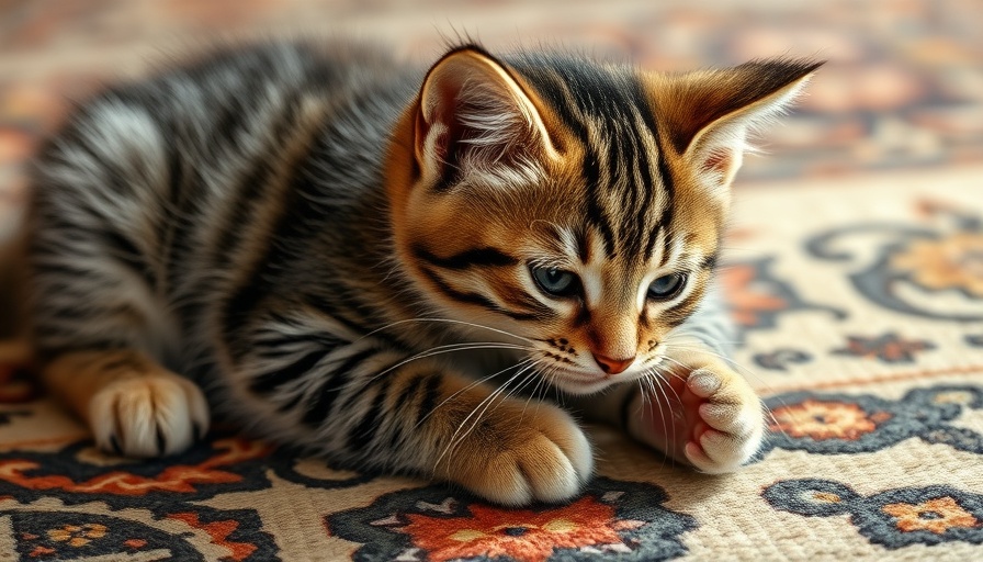 Tabby kitten scratching on a patterned rug, best flea treatments for kittens.