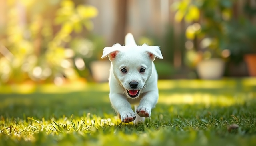 Happy white puppy explores grassy lawn, best flea treatments for puppies.