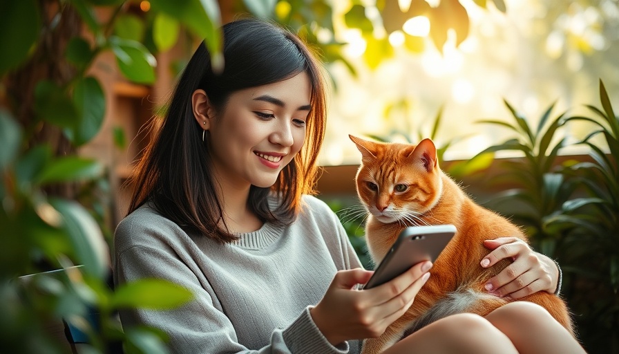 Young woman with cat researching essential oils for cats fleas and ticks.