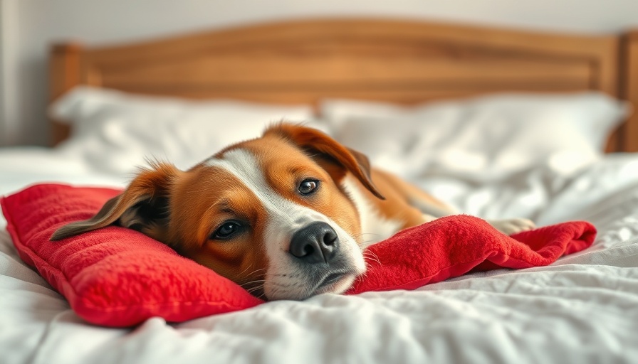 Brown and white dog resting with red warm compress on a soft bed.