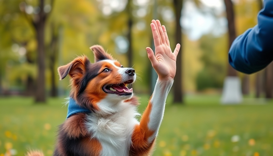 Dog high fiving in obedience training in a park setting.