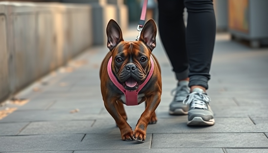 French Bulldog on leash for summer safety tips for flat-faced dog breeds.