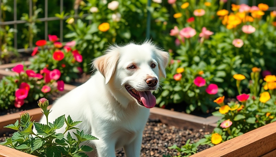 White dog sitting in a colorful garden, vibrant flowers around.