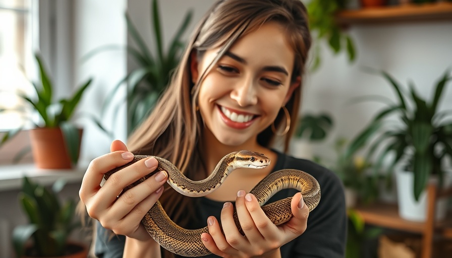 Young woman practicing safe snake handling at home.