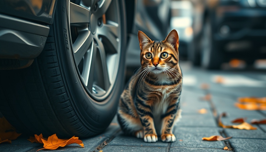 Concerned tabby cat sitting near car wheel in autumn street.