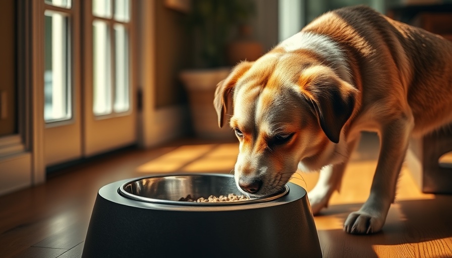 Older dog eating from elevated bowl, suitable diet for liver problems