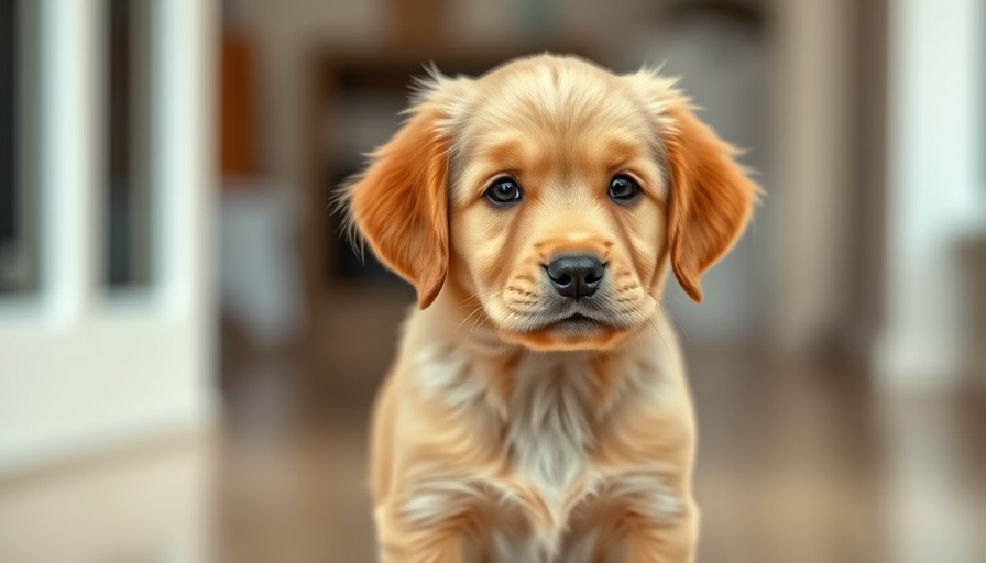 Golden retriever puppy indoors, focus on curious look.