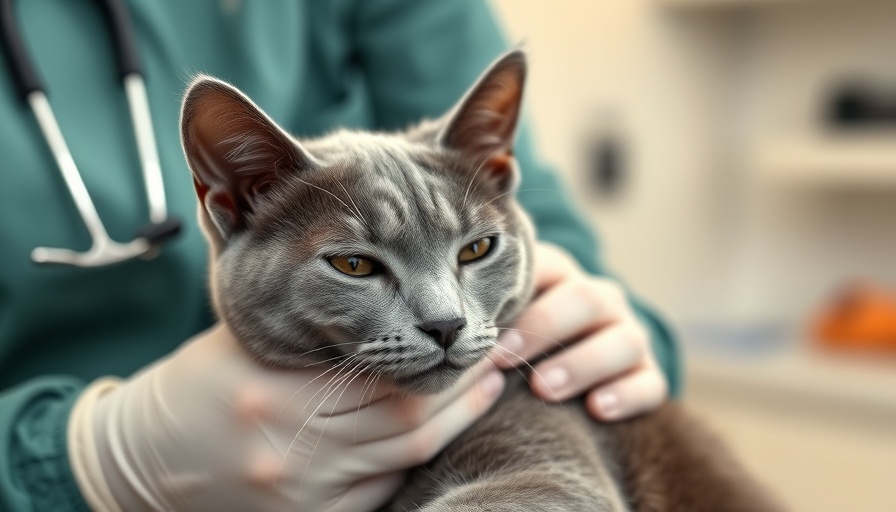 Veterinarian treating a grey cat for nasal polyps in a clinic.