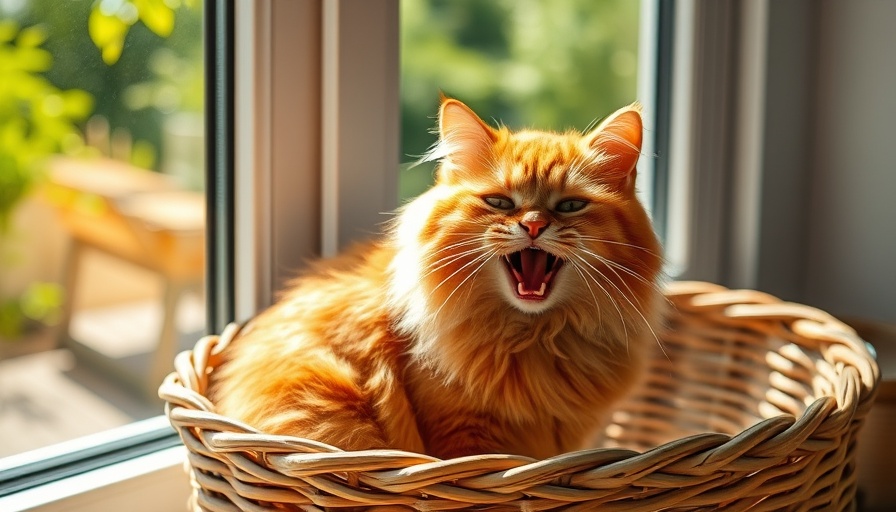 Fluffy orange cat possibly coughing by a sunny window - Cat Coughing Causes and Treatments.