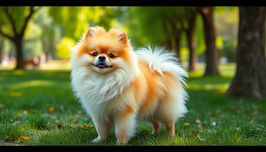 Fluffy Pomeranian in park showing healthy pet lifestyle