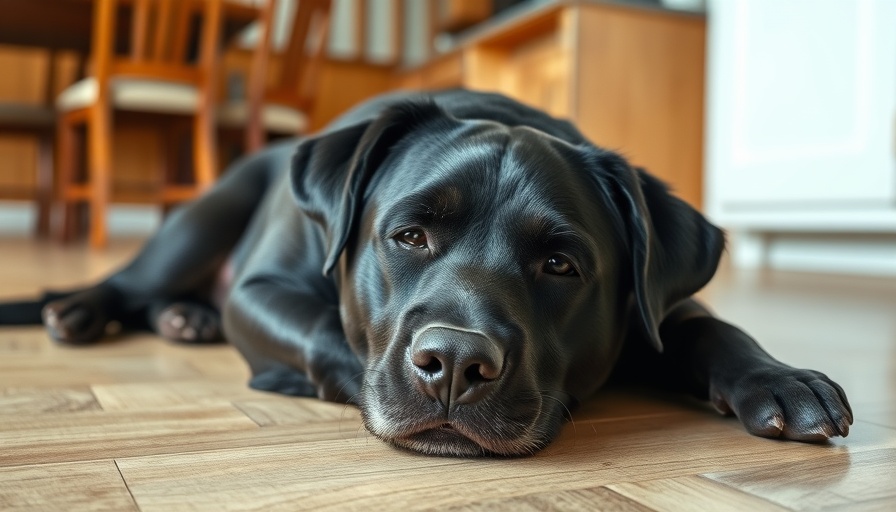 Elderly black dog with sarcopenia lying on kitchen floor.