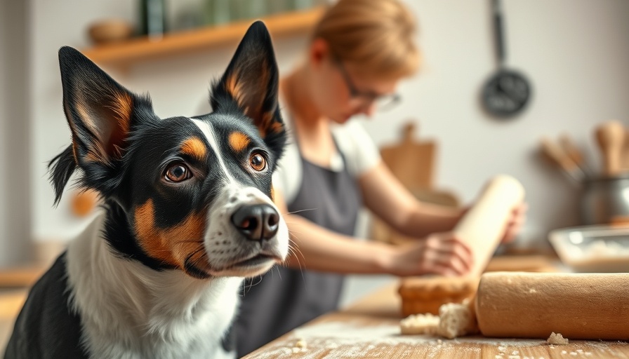 Curious dog watching woman cooking in kitchen, emphasizing dogs and chocolate toxicity awareness.