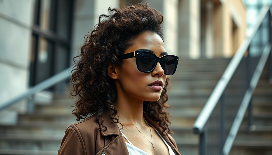 Confident woman with curly hair and sunglasses in an urban setting.