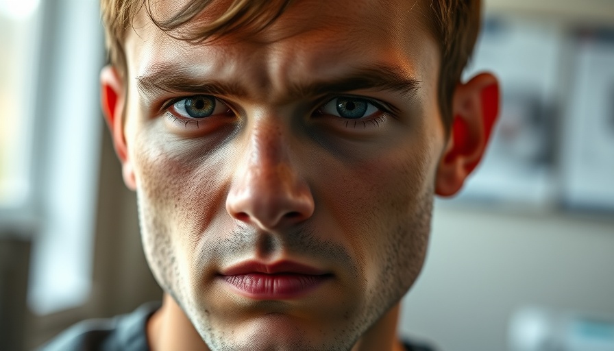 Young man showing hair transplant scabs, close-up view