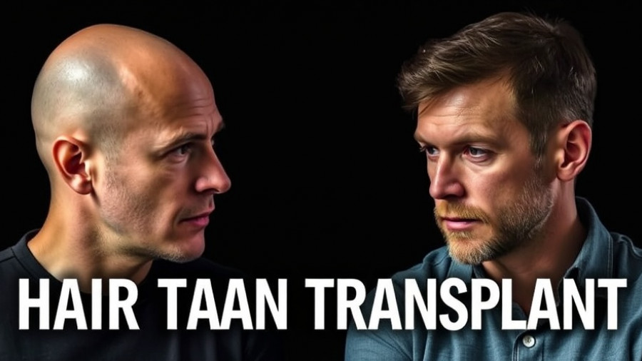 Serious discussion on hair transplant insights with two men and text overlay.