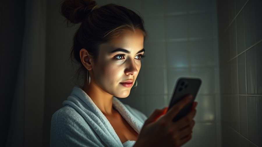 Woman illuminated by phone in dim bathroom, Plastic Surgery Marketing Terms.