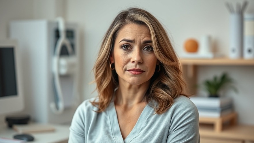 Concerned woman in mid-30s in doctor's office, contemplating breast enhancement surgery.