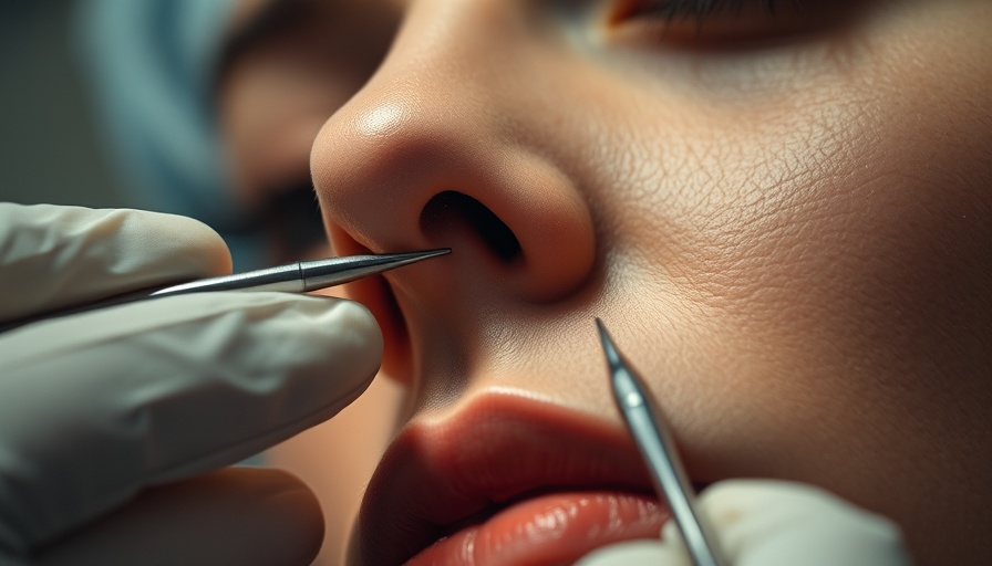 Rhinoplasty procedure close-up with surgical instruments.