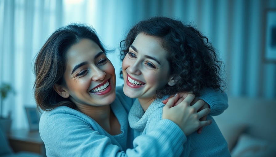 Mother and daughter smiling together in serene blue tones, breast reconstruction.