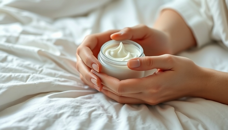 Hands applying anti-aging skincare cream on bed.
