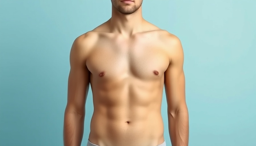 Image of a young man showing possible gynecomastia signs against a blue background.