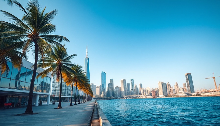 Urban waterfront cityscape with palm trees, medical tourism