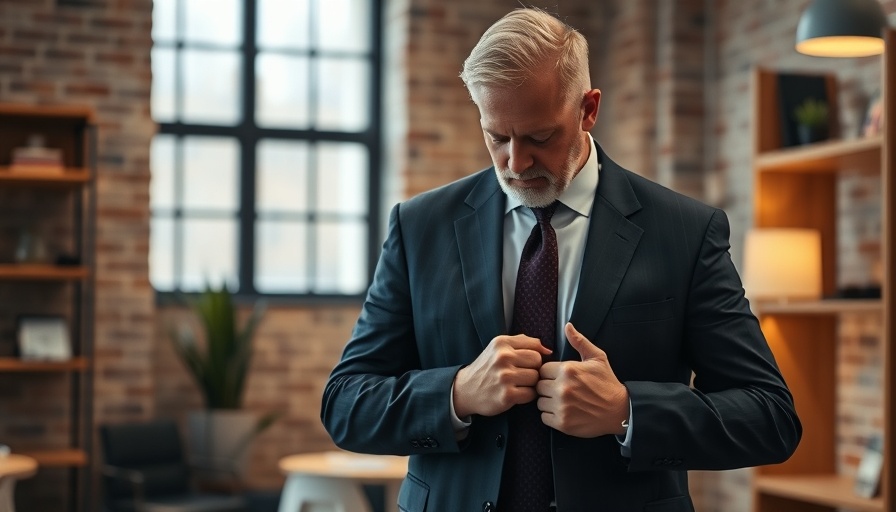 Middle-aged man adjusting Ballancer Pro suit in office setting.