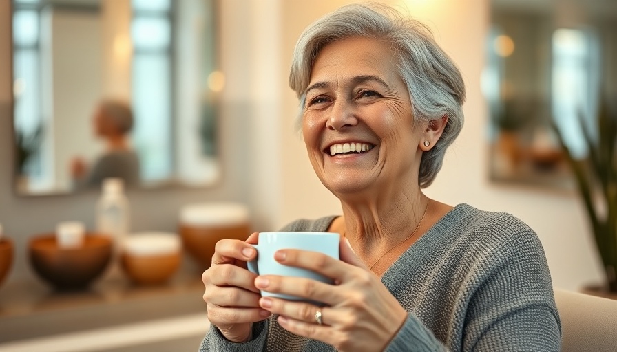Content older woman with coffee enjoying skincare treatment.