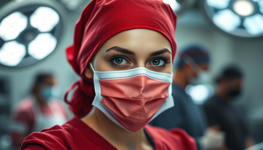 Focused female surgeon in colorful cap for elective surgery.