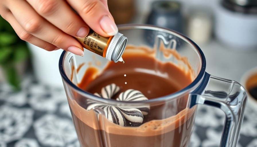 Peppermint extract being added to sugar-free hot cocoa mix in blender.