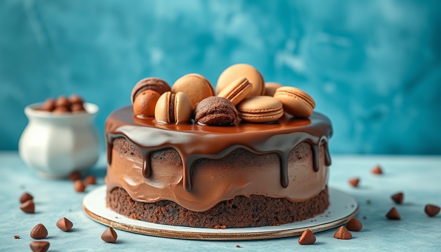Elegant chocolate cake with macarons and truffles, Magi Gifts theme.