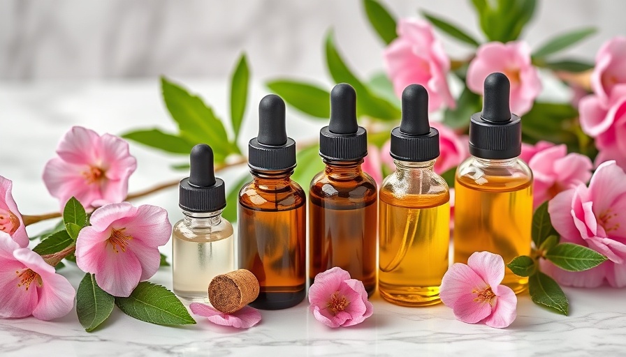 Essential oils and flowers promoting heart health oils on marble