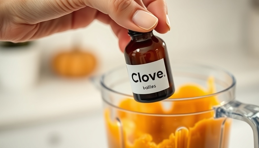 Clove oil bottle over blender with pumpkin puree, ingredient for Pumpkin Spice Latte.