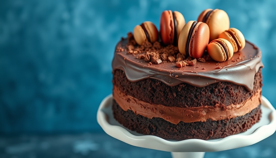 Decadent chocolate cake with macarons illustrating cholesterol guidelines