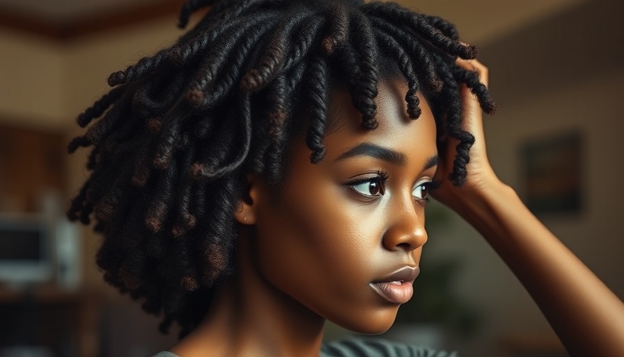 Young woman with protective hairstyle adjusting hair indoors.
