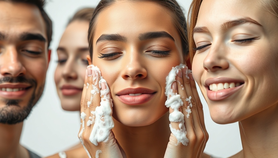 Close-up of faces applying scented face washes, skincare routine.