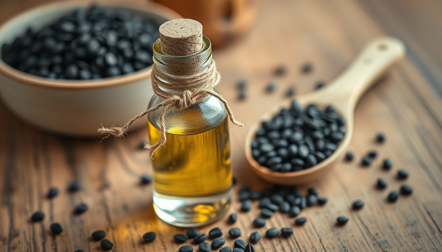 Corked bottle of essential oil with black seeds.