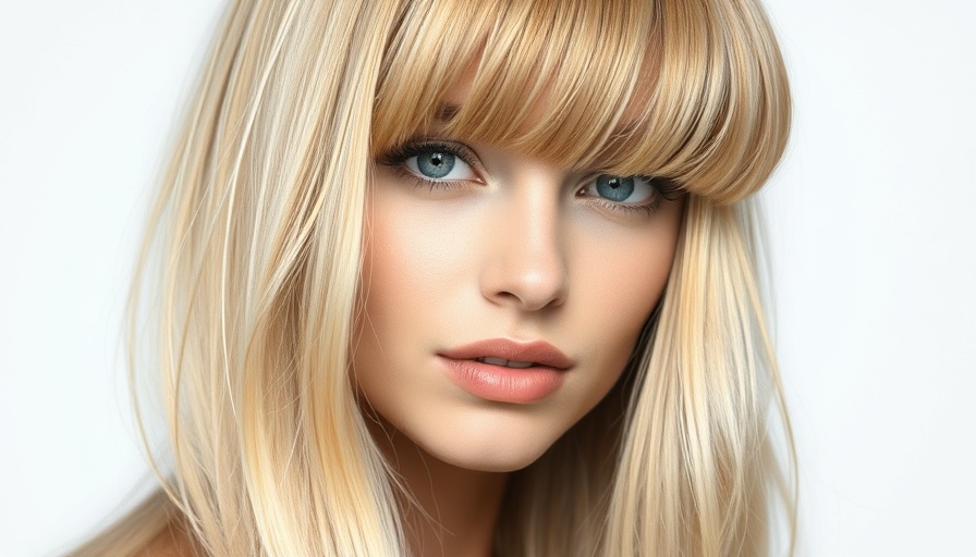 Blonde hair transformation with French bangs.