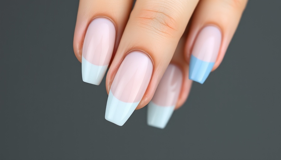 Milky French manicure with pastel blue tips on almond-shaped nails.