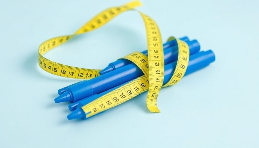 GLP-1 medications with measuring tape on blue background.