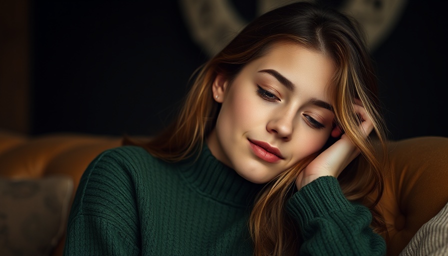 Winter skincare concept with cozy woman in green sweater.