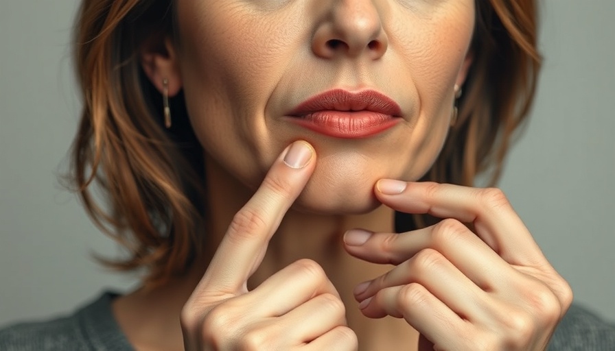 Mature woman's lips and hand considering LaMiNa treatment benefits.