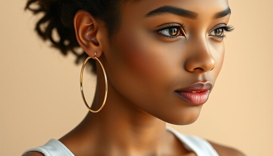 Close-up portrait highlighting smooth skin and gold earrings.