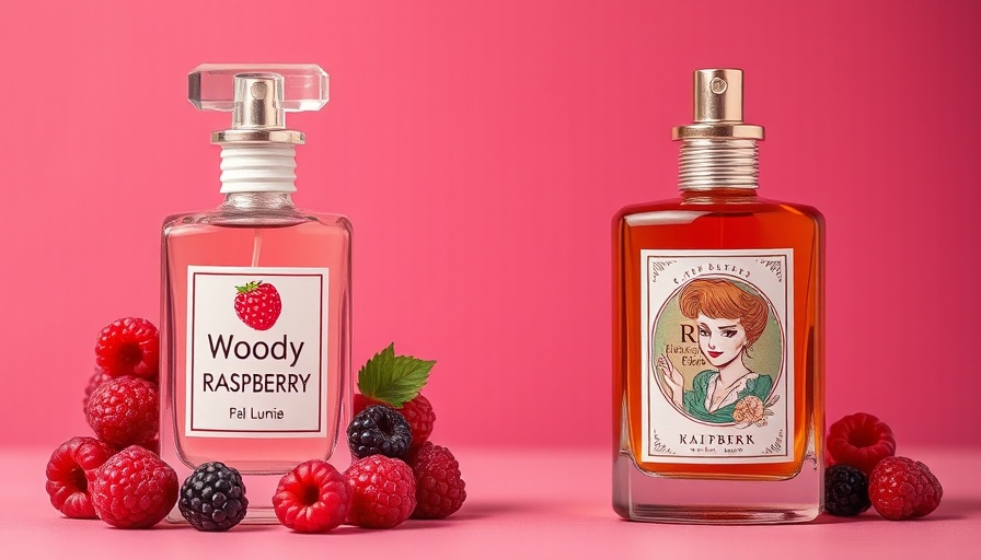 Two distinct raspberry perfume bottles with artistic labels.